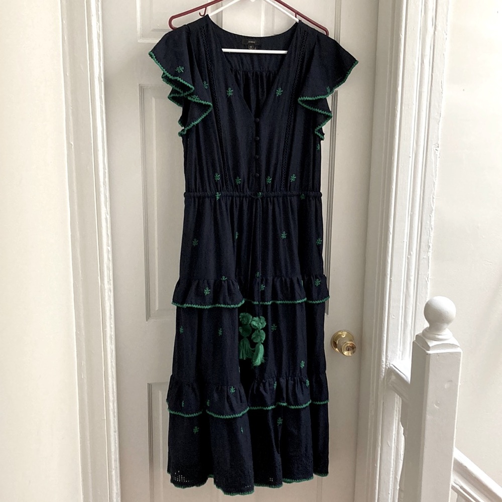 J. CREW Flutter Sleeve Tier Ruffle Midi Dress w/ Pom Pom Tassels